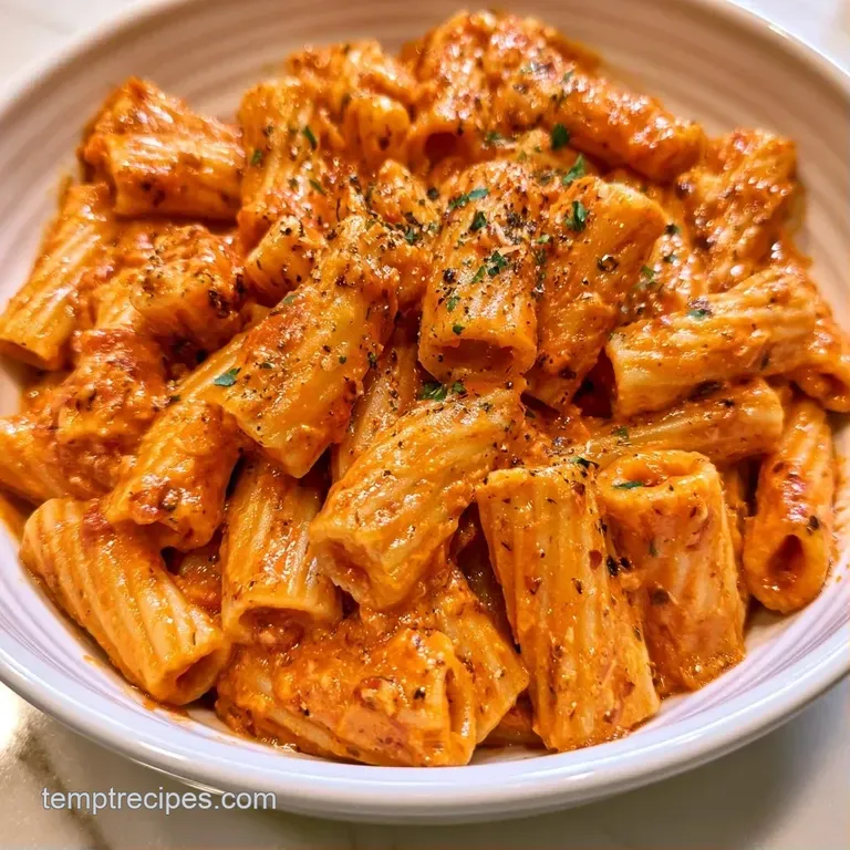Elegant swirl of pasta coated in vibrant red sauce on a white ceramic plate with a sprig of fresh basil on top.