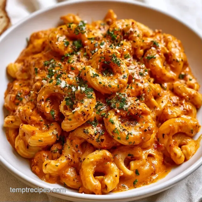 A swirl of vibrant orange-red sauce on a white ceramic plate, garnished with a sprig of basil and cracked pepper.
