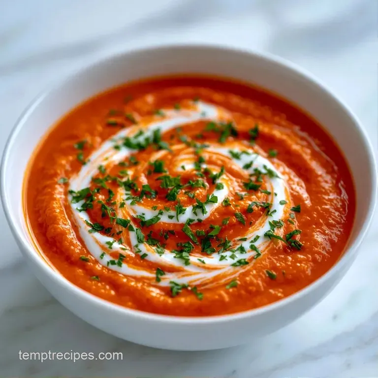 Velvety red puree in a modern bowl with a drizzle of olive oil and toasted sourdough croutons on a linen cloth.
