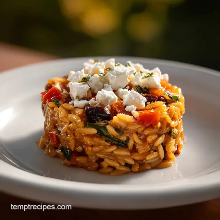 Plated swirl of orzo and roasted vegetables topped with crumbled feta. Glistening olive oil and herbs add freshness.