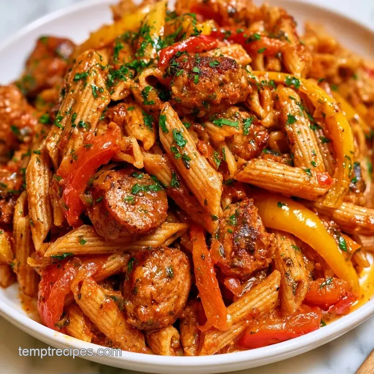 A white porcelain bowl filled with penne, browned sausage, and colorful peppers, topped with fresh parsley.