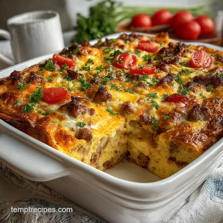 Slice of savory breakfast casserole on a white plate; fluffy eggs, browned sausage; fresh parsley garnish; inviting brunch...