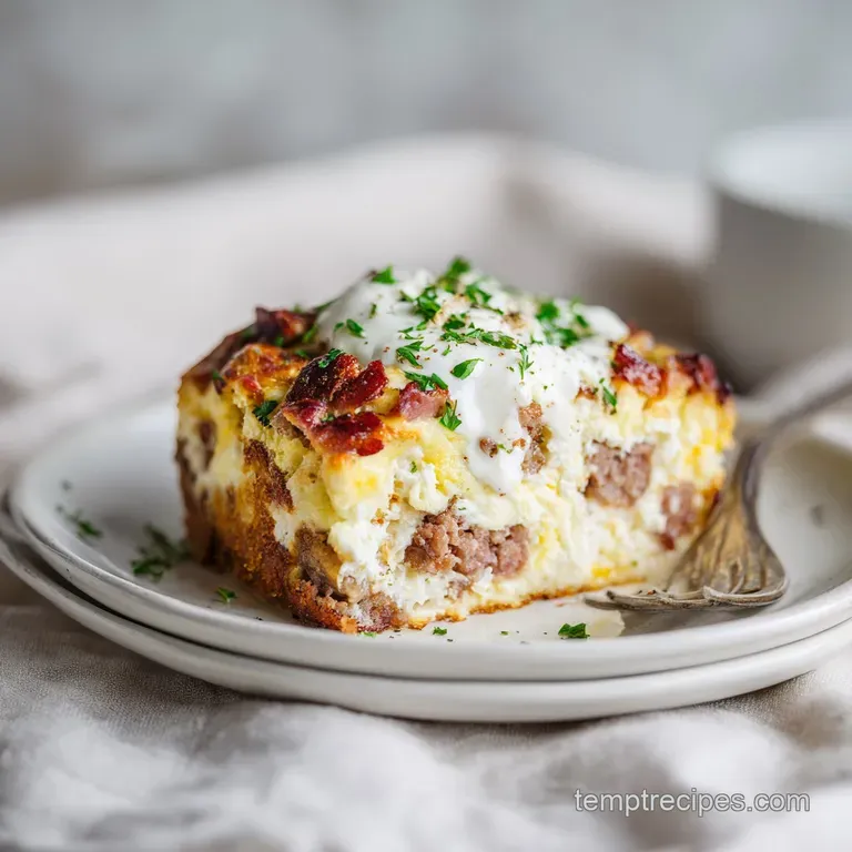 A generous slice of baked casserole, showcasing its layered textures, served with a sprinkle of fresh parsley.