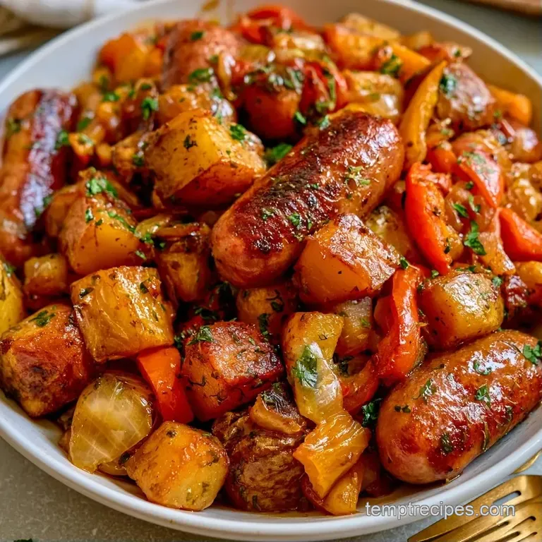 Seared sausage slices and vibrant roasted peppers served alongside golden potatoes on a clean white ceramic plate.