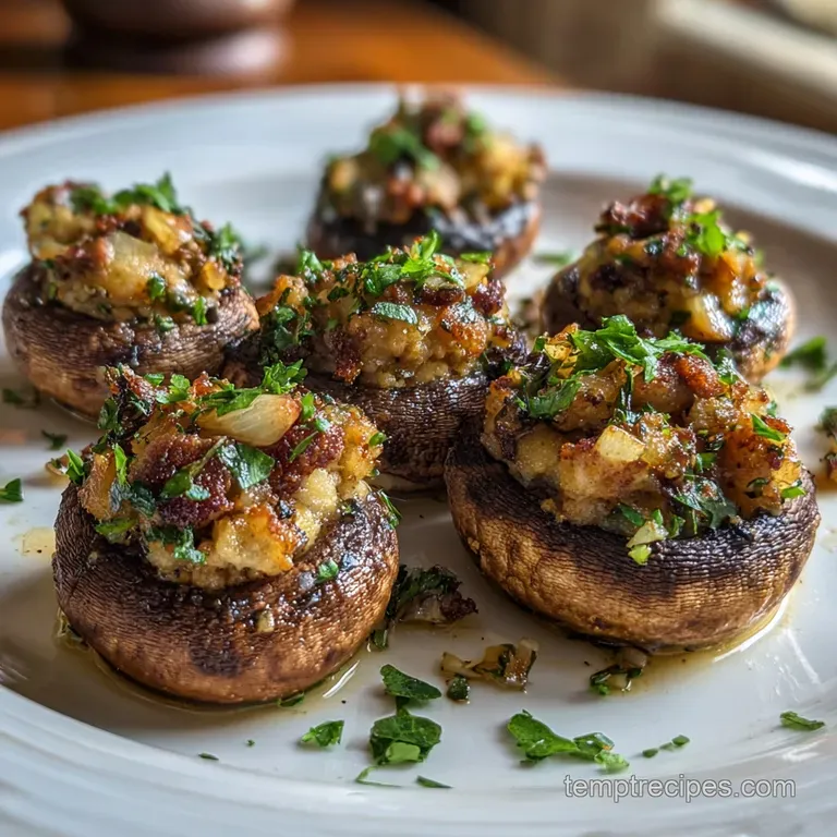Three sausage-stuffed mushrooms on a white plate, garnished with parsley sprigs and a drizzle of olive oil. Lightly browne...
