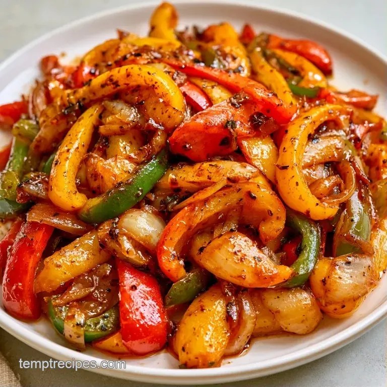 Colorful roasted pepper strips elegantly piled on a white ceramic plate, finished with a sprinkle of fresh parsley