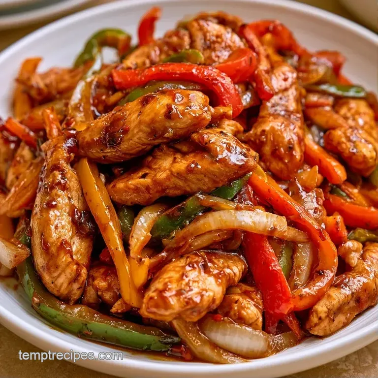 Sliced seared poultry atop a colorful medley of softened peppers on a white ceramic plate with fresh parsley.