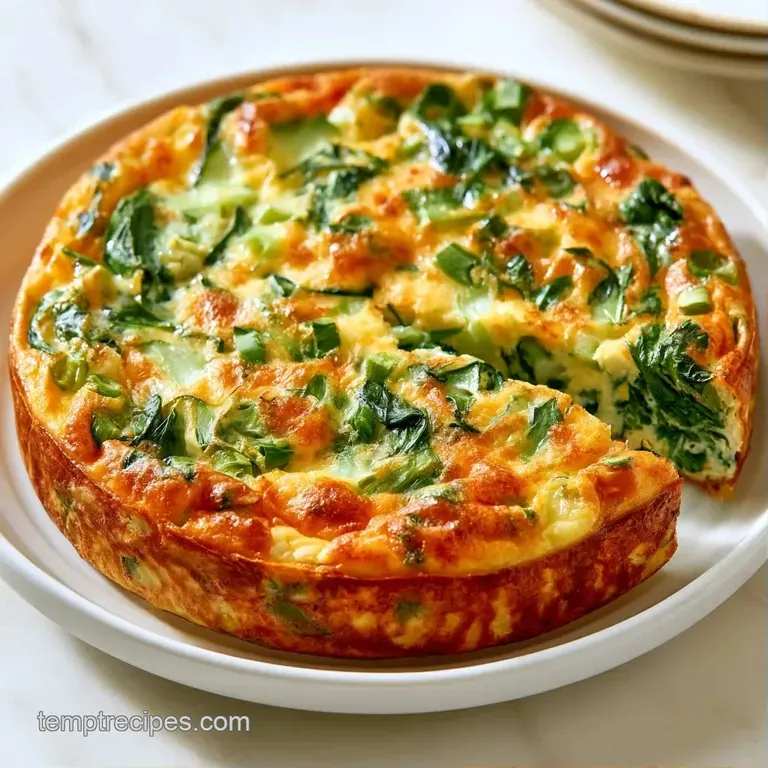 A neat slice of fluffy egg bake with wilted greens on a white ceramic plate, garnished with a sprig of fresh parsley.