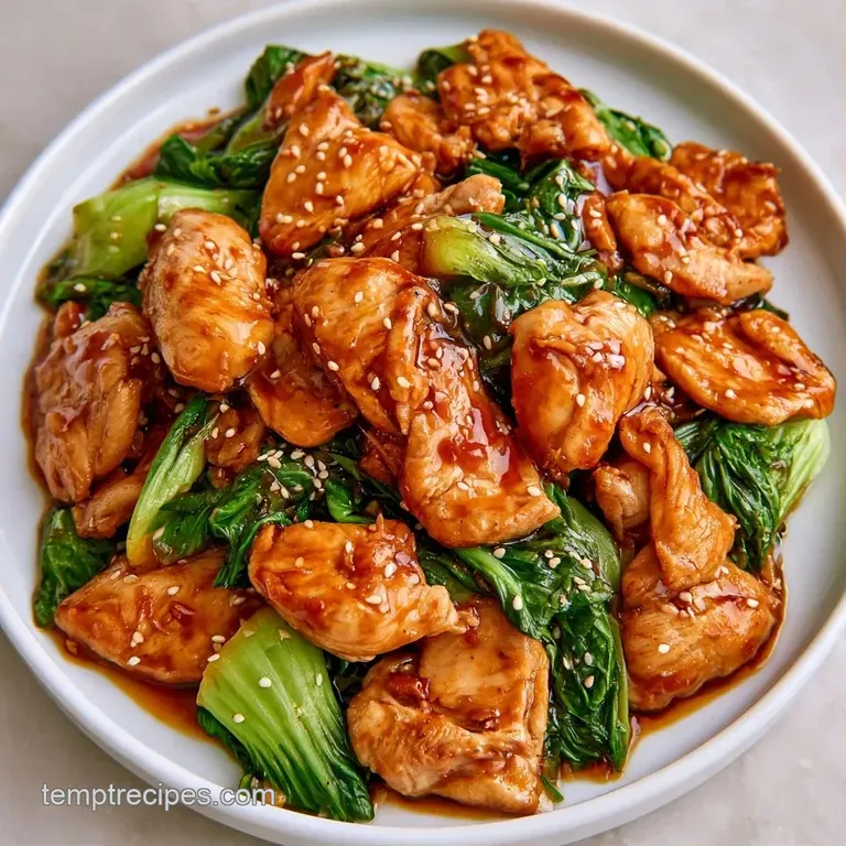 A minimal white plate featuring glistening brown glazed meat paired with crisp, bright green leafy vegetables.