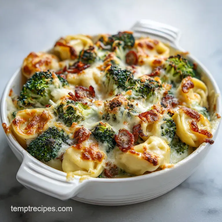 Creamy tortellini and broccoli bake plated with a sprinkle of red pepper flakes and fresh basil for an elegant serving.