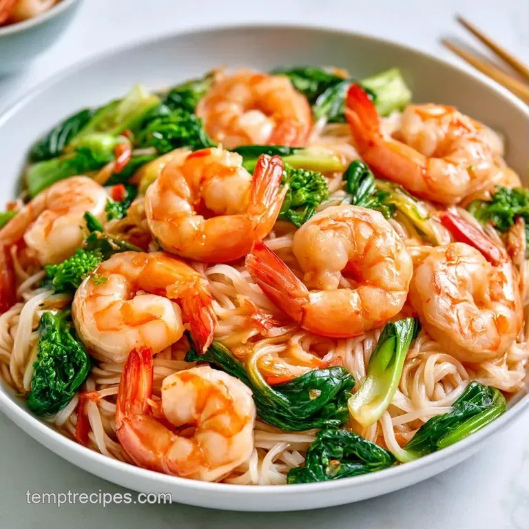 A modern bowl featuring neatly arranged noodles topped with seared shrimp and crisp, bright green bok choy