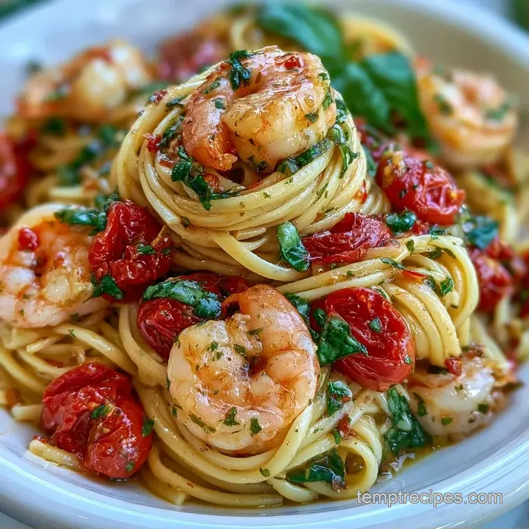 An elegant swirl of pasta topped with seared shrimp and fresh basil sprigs on a minimalist white ceramic plate.