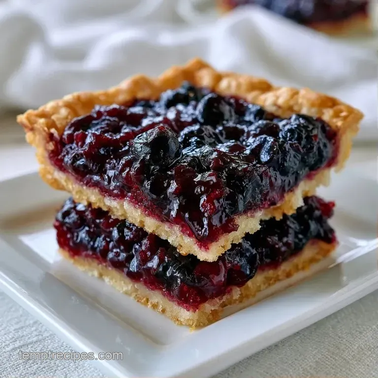 A square of buttery pastry with dark purple fruit filling, dusted with powdered sugar on a white ceramic plate.
