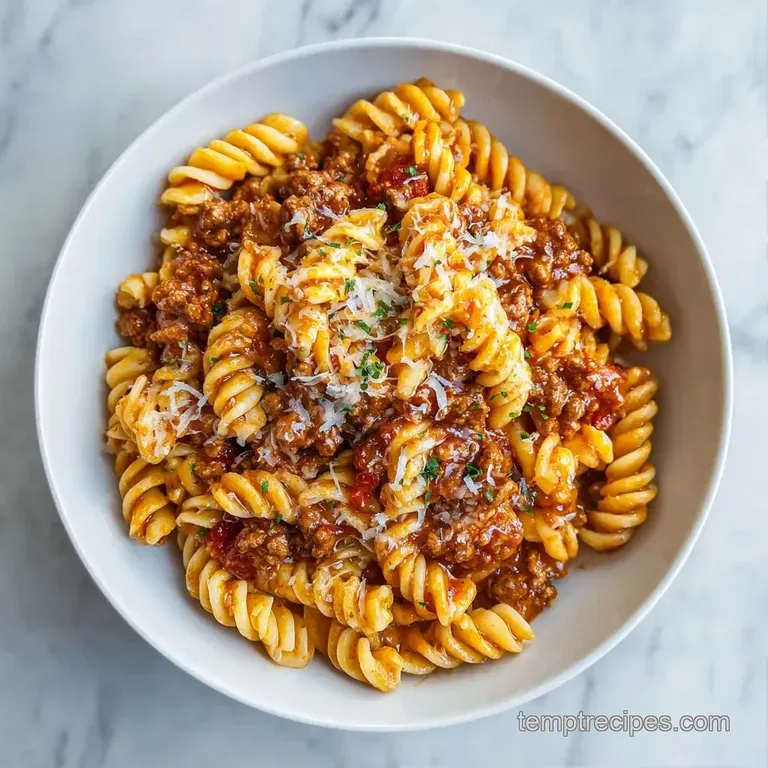 Twirled spaghetti nestled in a white porcelain bowl, topped with a sprig of fresh basil and a dusting of cheese.