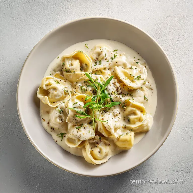 A glistening mound of tortellini Alfredo artfully arranged in a white bowl, sprinkled with Parmesan.