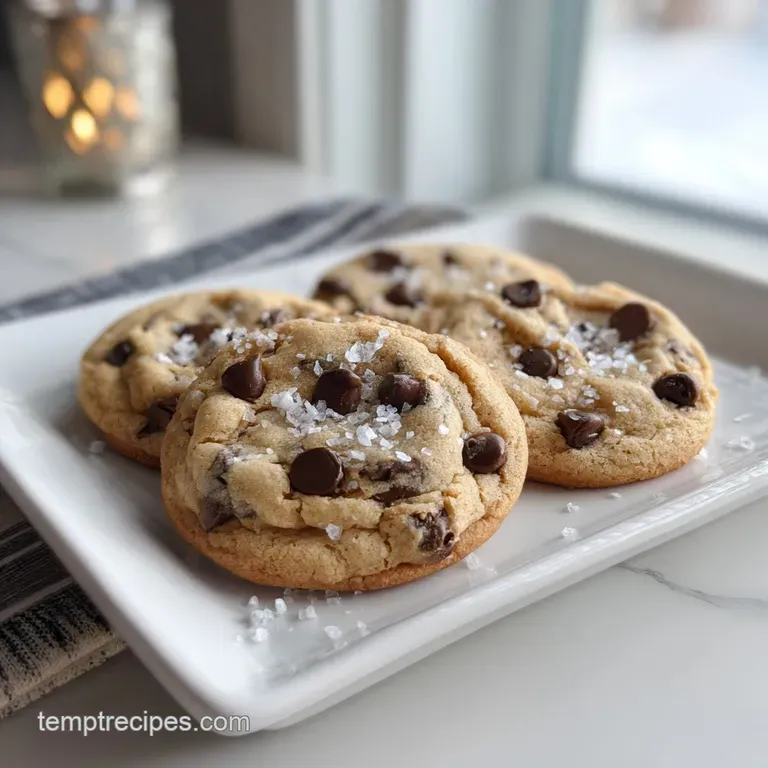 Stack of browned butter chocolate chip cookies on a white plate; flecks of sea salt glisten on their crinkled tops.
