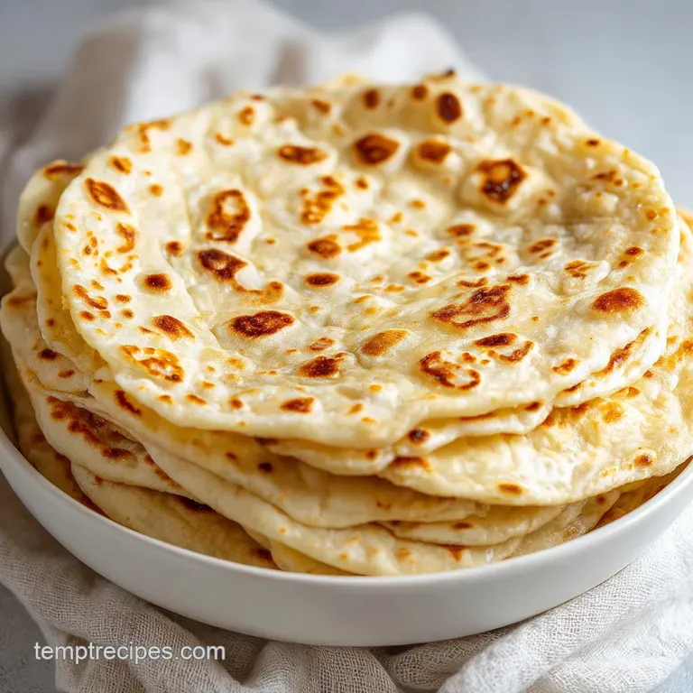Warm, flexible flatbreads folded neatly in a woven basket lined with a clean white linen cloth for a rustic feel.