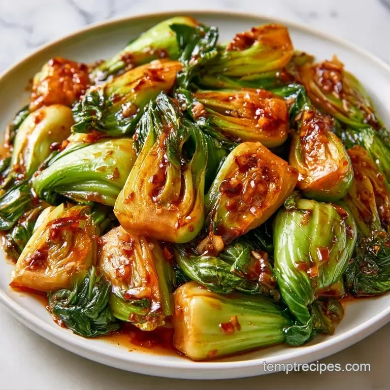 Vibrant green bok choy stems aligned on a minimalist plate, finished with a glossy dark glaze and sliced scallions.
