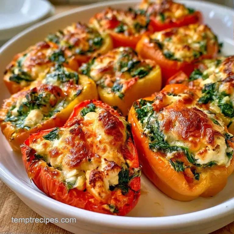 Three colorful stuffed peppers arranged on a dark slate board with a side of creamy tzatziki and a fresh lemon wedge.
