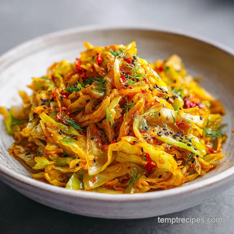 Steaming mound of spiced cabbage with herbs served on a white plate. Condiments are visible in small bowls in the background.