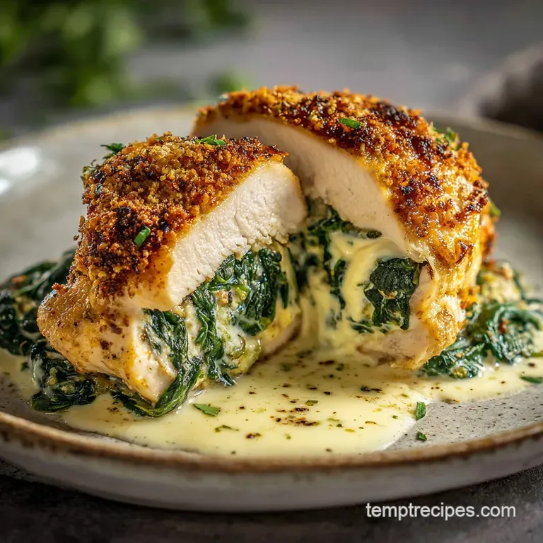 A sliced chicken breast reveals creamy spinach filling. Parsley garnish adds freshness to the warm, inviting dish on a whi...