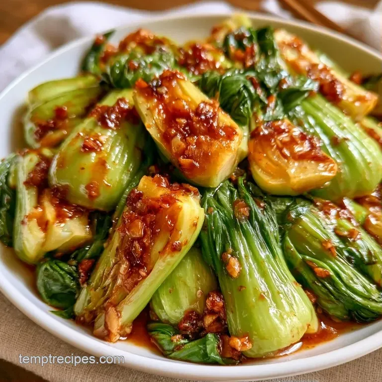 Vibrant green bok choy stalks artfully arranged on a slate platter with a drizzle of amber-colored sesame sauce.