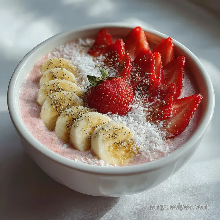 Elegant strawberry banana smoothie bowl with artful fruit arrangement and a sprinkle of chia seeds against a light backgro...