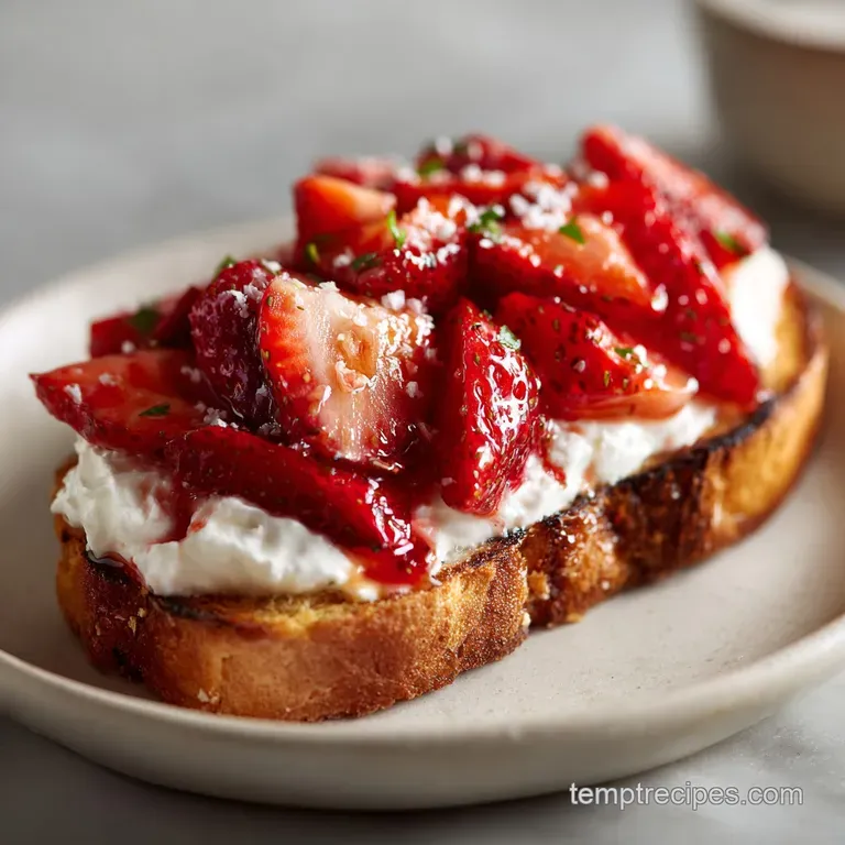 Elegant toast topped with glistening strawberries, fluffy ricotta, and fresh basil leaves on a rustic wooden plate, ready ...