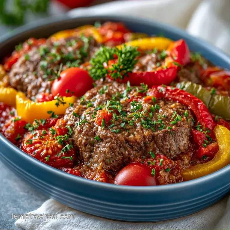 Colorful pepper halves filled with savory rice and meat, topped with melted mozzarella on a white ceramic plate.