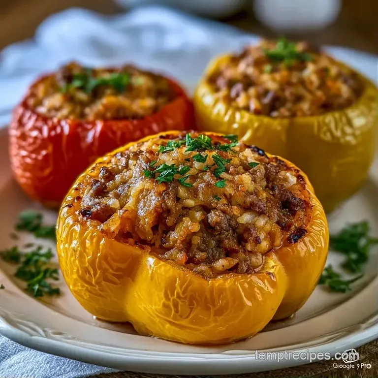 Two roasted peppers topped with bubbly browned cheese and a sprinkle of fresh parsley on a dark slate plate.