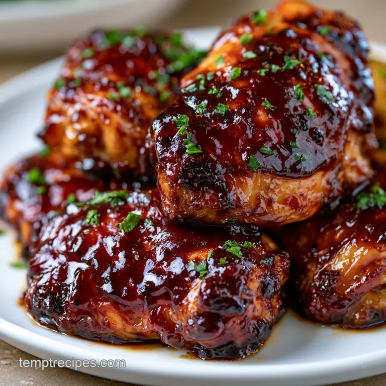 Glazed chicken breasts on a white ceramic plate with steamed broccoli and a drizzle of rich, dark brown sauce.