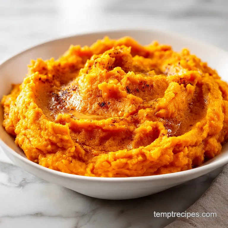 A neat scoop of vibrant orange mash topped with a charred marshmallow on a white plate with a sprig of fresh parsley.
