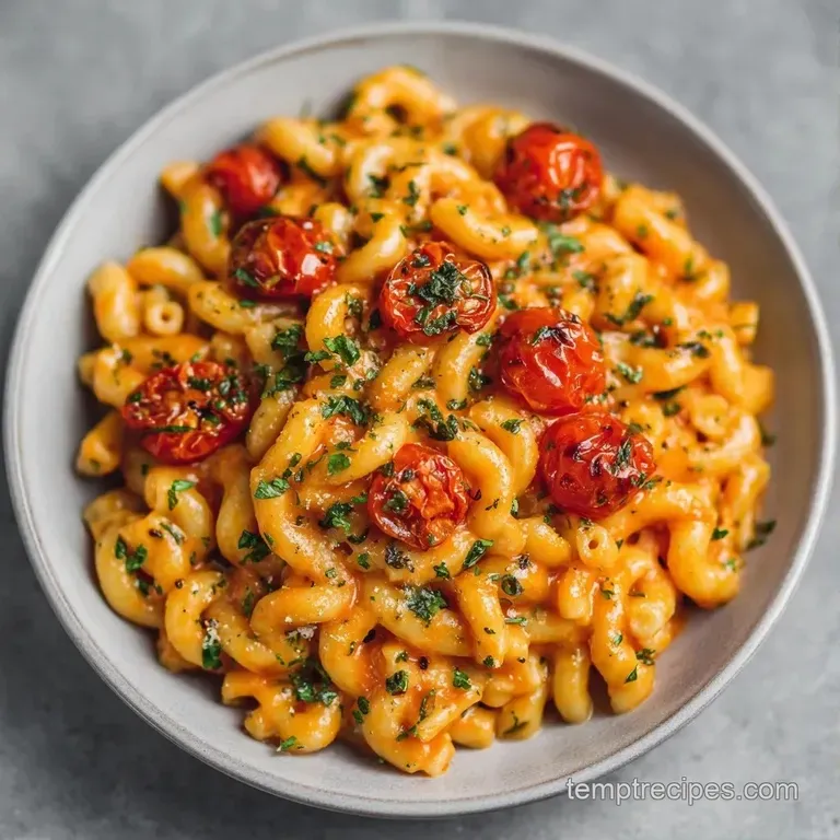 Wide ceramic bowl of pasta with swirls of white ricotta over a rich red sauce, garnished with a sprig of fresh basil.