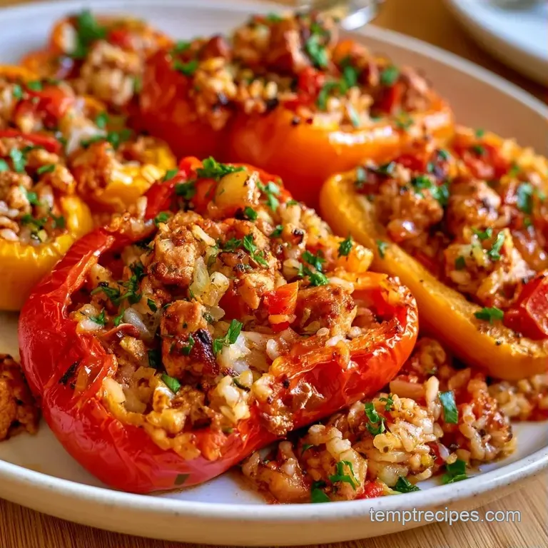 Three colorful roasted peppers on a white ceramic platter, drizzled with savory tomato sauce and green herbs.
