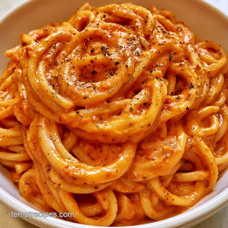 Swirls of orange-hued pasta in a matte black bowl topped with cracked black pepper and a sprig of fresh basil.