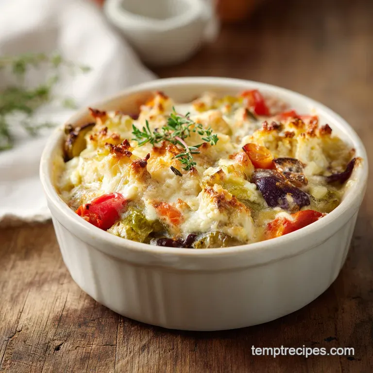 A creamy white slice of vegetable cottage cheese bake plated and topped with fresh green herbs. Hints of melted cheese vis...