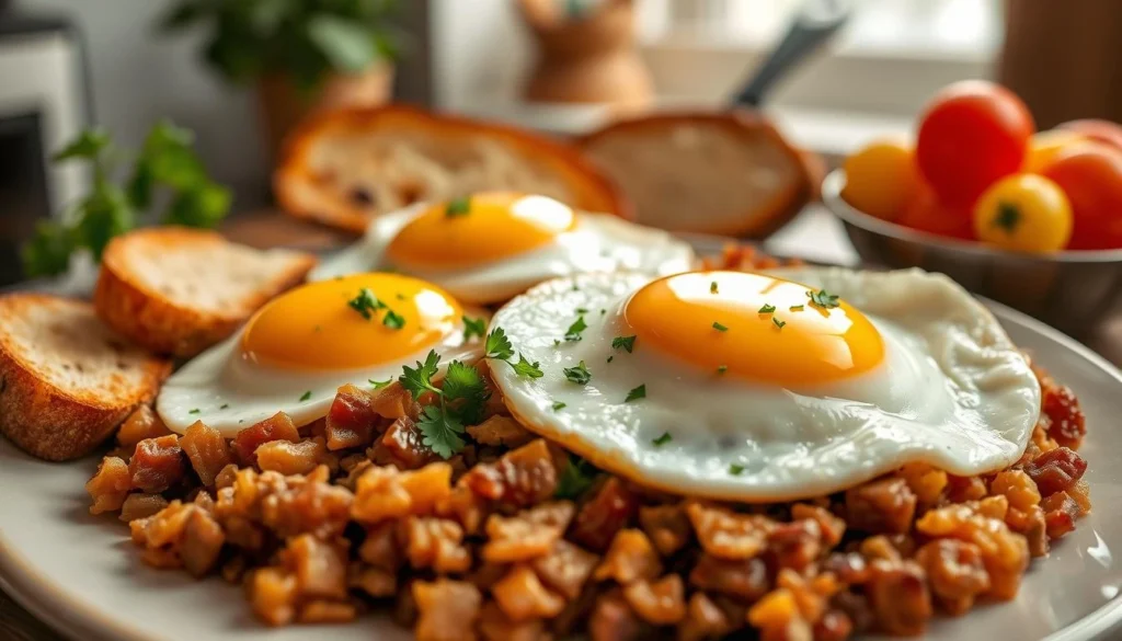 Discover a classic breakfast recipe: corned beef hash and eggs. Learn how to prepare this hearty and flavorful dish to start your day right.